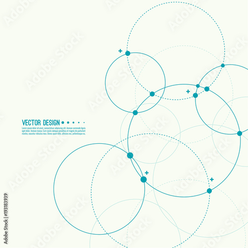 Vector abstract background with overlapping circles and dots. Chaotic motion. Round banner with empty space for text. Node molecule structure. Science and connection concept.