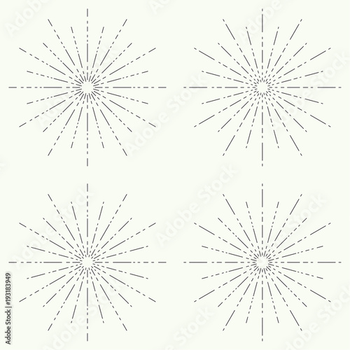 Set of vector vintage hipster banners, insignias, radial sunbusrt. Border and frame. Minimal design. Geometric Shapes and Light Ray Collection.
