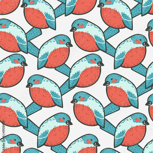 Seamless pattern - bullfinch bird.