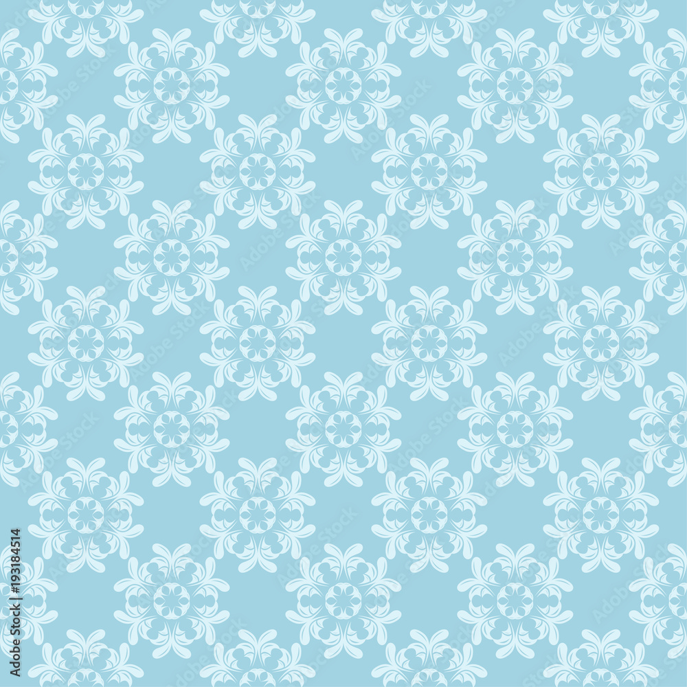 White floral ornament on blue. Seamless pattern