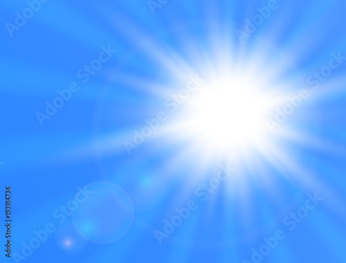 Realistic shining sun on blue background. Sun with lens flare. Vector illustration