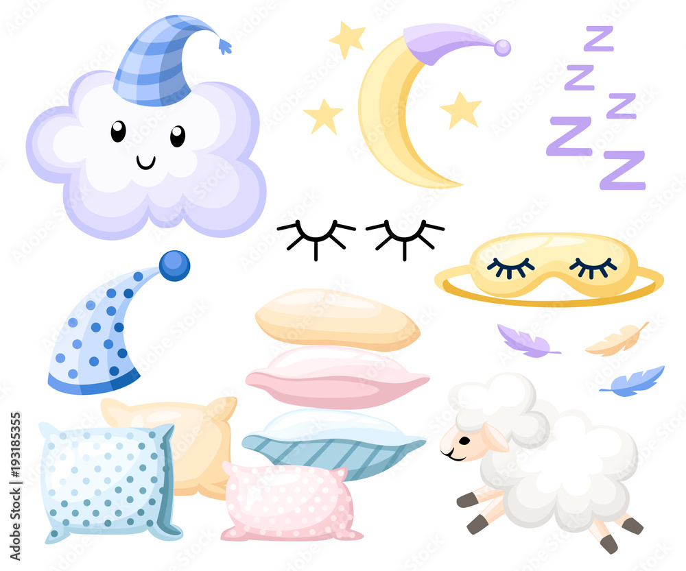 Set of objects for sleep cap for dream pillow different colors lamb cloud moon bandage for eyes on white background vector illustration web site page and mobile app design
