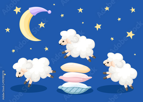 Three sheep jumping over the pillows sleep time count sheeps from insomnia on a blue background with stars and moon vector illustration web site page and mobile app design