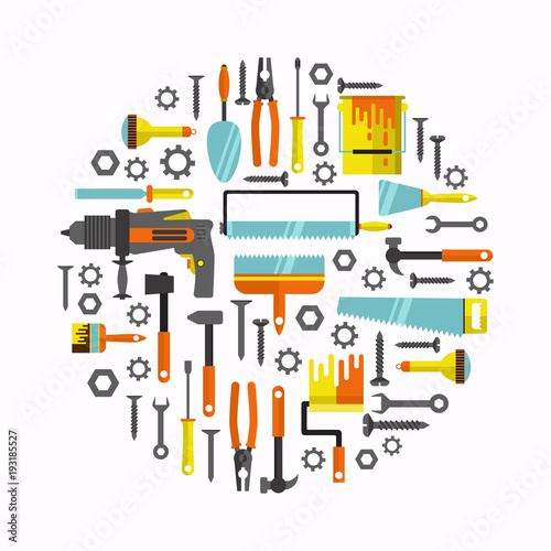 House repair tools flat vector icons set