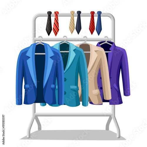 Business suit mens jacket four jackets of different colors and types blue green violet beige ties of different colors on a hanger vector illustration on white background