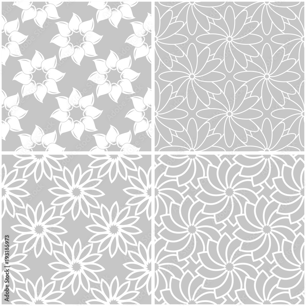 Floral patterns. Set of gray and white seamless backgrounds