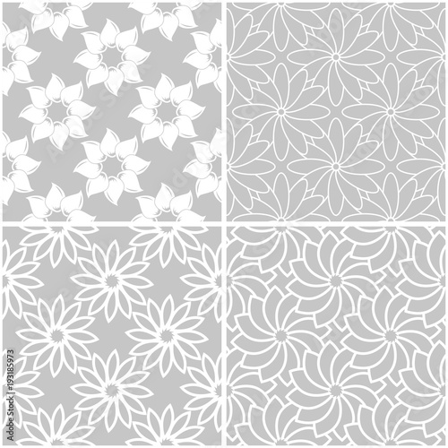 Floral patterns. Set of gray and white seamless backgrounds