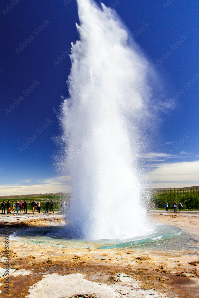 Big geyser in the valley of geysers in Iceland close-up