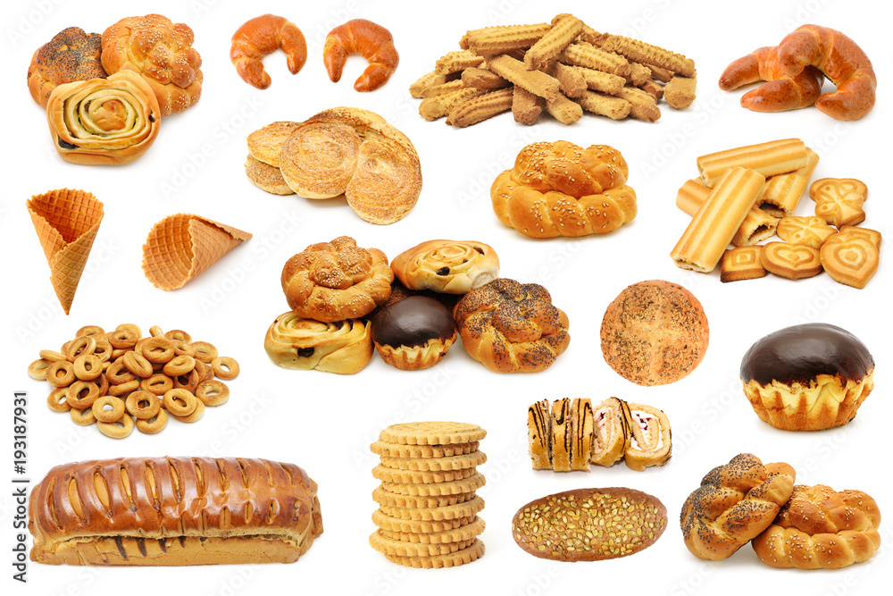 Set bread products (biscuits, cookies, cupcake, roll) isolated on white background.