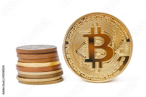 Electronic modern cash Bitcoin many coins isolated on white close up photo