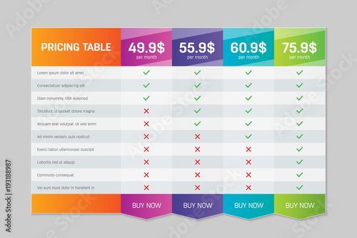 Creative vector illustration of business plans web comparison pricing table isolated on transparent background. Art design modern banner list. Abstract concept graphic websites, applications element