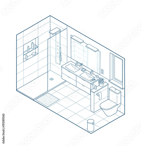 Isometric illustration of bathroom. Hand drawn interior view.