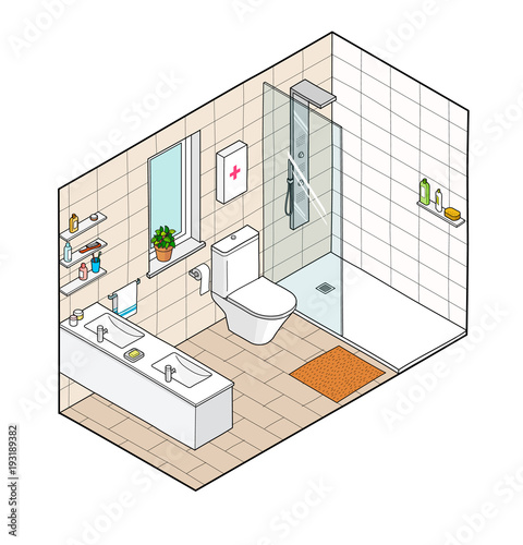 Isometric illustration of bathroom. Hand drawn interior view.