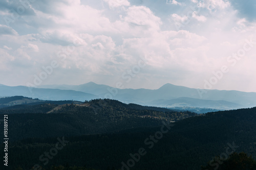 Landscape view from Bukovel on the Carpathian mountains Hoverla and Petros