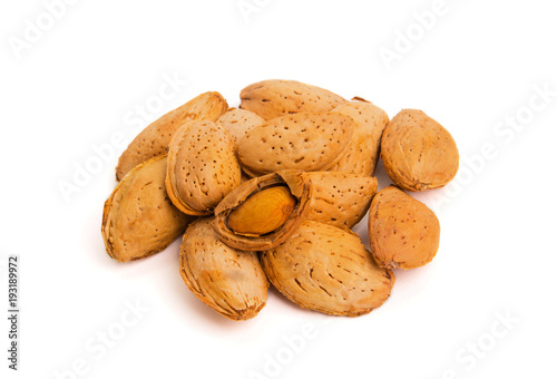 Macro view of shelled almond. Almonds in their shells.