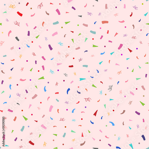 Colorful confetti on pink background. Cute festive seamless pattern.