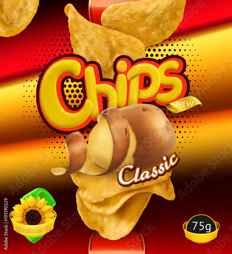 Potato chips. Design packaging, 3d vector template