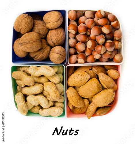 Healthy organic food concept. Nuts close up. Top view photo