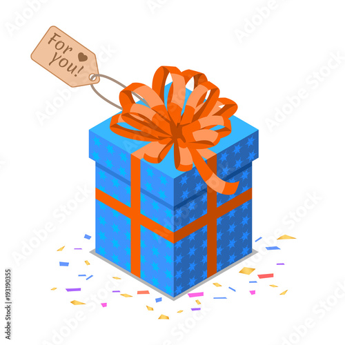 Isometric blue gift box with big red bow. Happy Birthday object. Colorful gift box and confetti on white background. Party, birthday, anniversary, celebration. Vector illustration, eps 10.