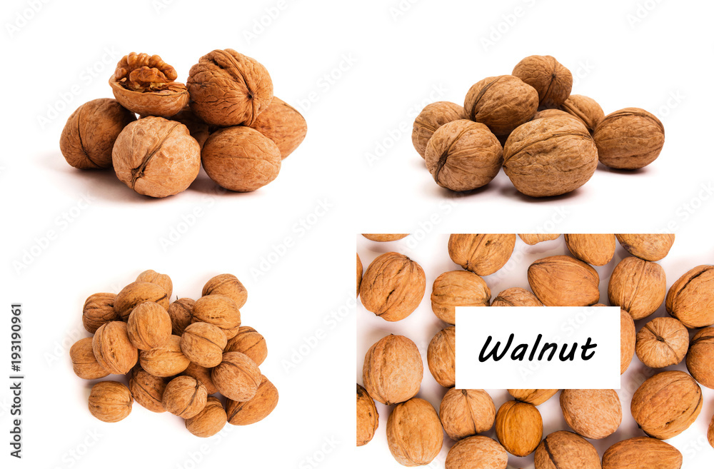 Group of walnuts on white. Healthy food concept.View above. Group of walnuts on white. Healthy food concept.View above.