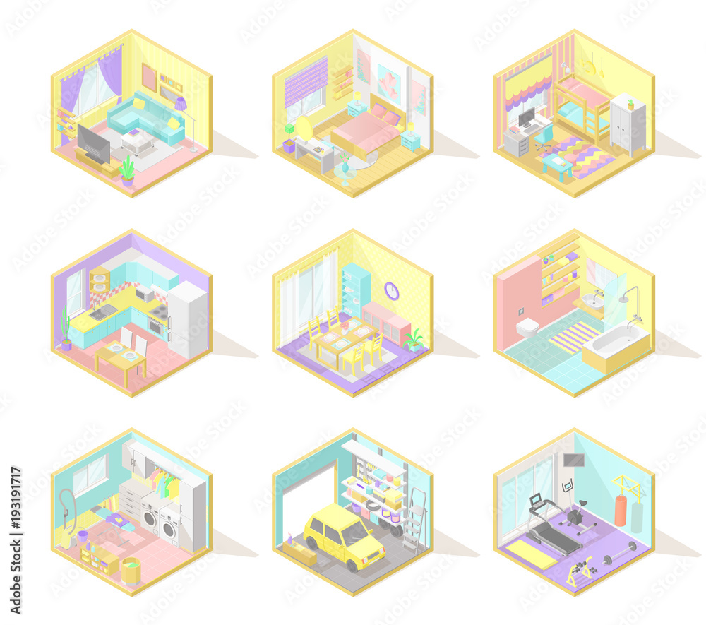 Vector big set of isometric home interiors: living room, bed room, kids room, kitchen, bath, garage and other in pastel colors