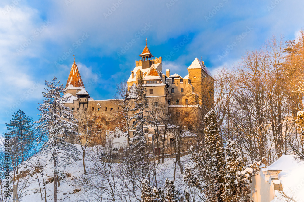 Famous castle of Dracula in Bran region in winter season