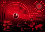 HUD GUI Radar monitor screen. Futuristic game technology outer space background. Red User interface world map, business abstract infographic template. Vector.