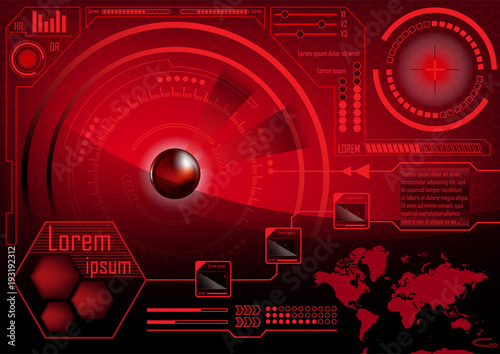 HUD GUI Radar monitor screen. Futuristic game technology outer space background. Red User interface world map, business abstract infographic template. Vector.