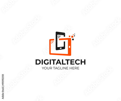 Digital technology logo template. Mobile phone and tablet vector design. Smart gadgets illustration