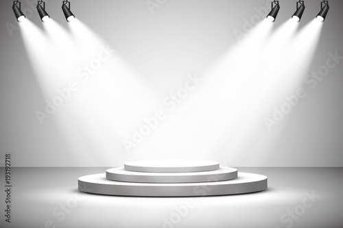 
Vector Spotlights. Scene. Light effects. podium. Exit to the stage for applause, a bright light of searchlights.
