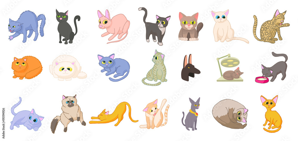 Cats icon set, cartoon style
