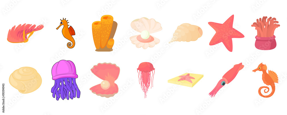 Sea creature icon set, cartoon style Sea creature icon set, cartoon style