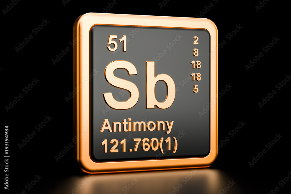 Antimony Sb stibium chemical element. 3D rendering