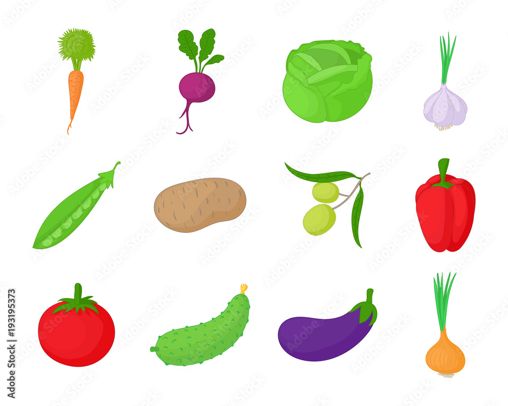 Vegetables icon set, cartoon style Vegetables icon set, cartoon style