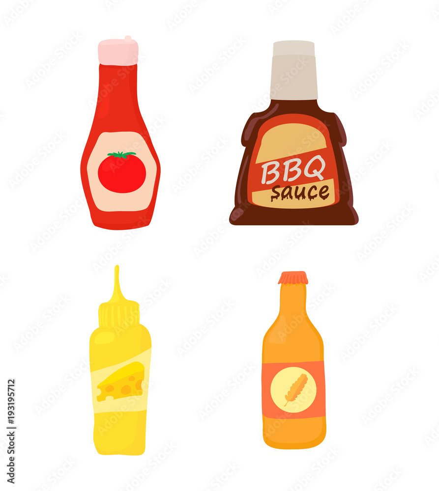 Sauce bottle icon set, cartoon style Sauce bottle icon set, cartoon style