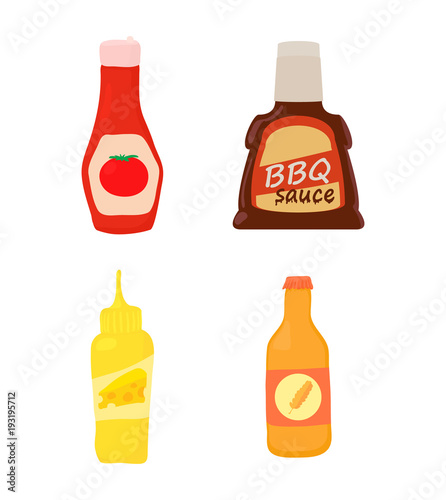 Sauce bottle icon set, cartoon style