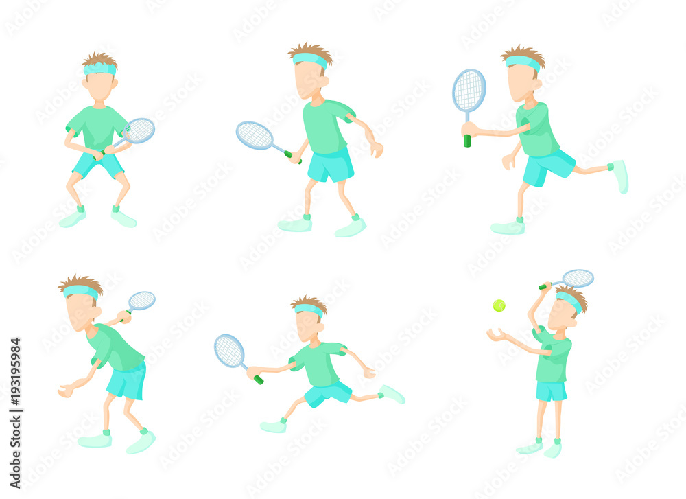 Tennisman icon set, cartoon style