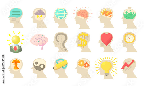 Human mind icon set, cartoon style
