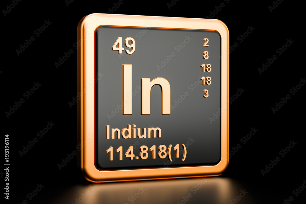 Indium In chemical element. 3D rendering
