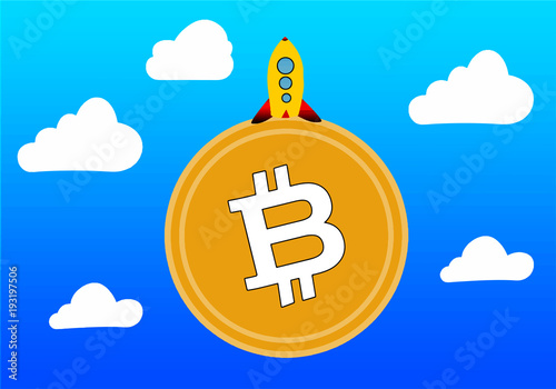 Cohete aterrizando en el planeta bitcoin vector