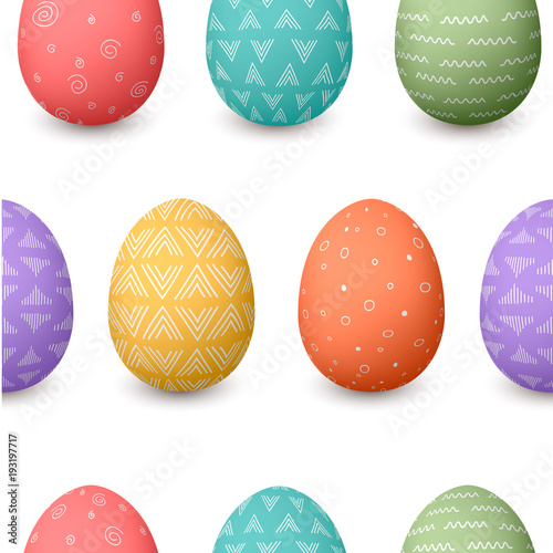 Happy Easter eggs seamless pattern. Set of ornamented colored Easter eggs with different simple textures