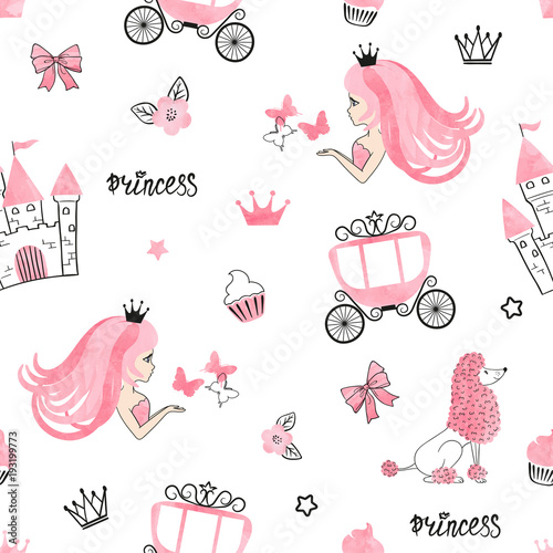 Fototapeta Bezszwowy Princess wzór z ślicznymi dziewczynami, kasztelami i frachtami. Tło wektor.