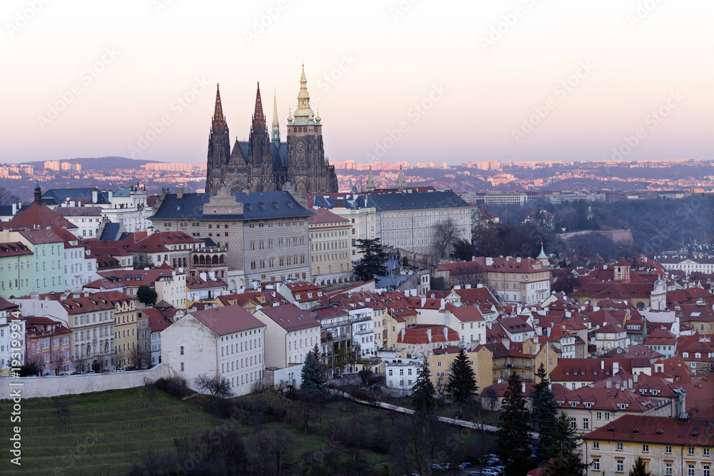 View on the winter Prague City with the gothic Castle, Czech Republic