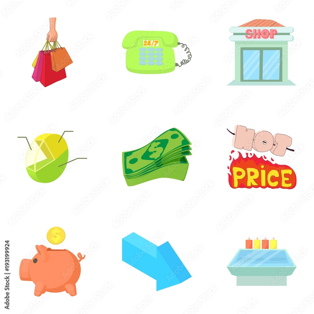 Prosperity icons set, cartoon style Prosperity icons set, cartoon style