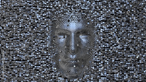 Face made of shiny metal cubes. Some floating cubes in Front of face. 3d render photo
