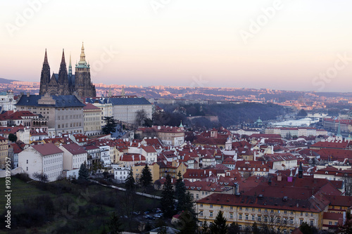 View on the winter Prague City with the gothic Castle, Czech Republic