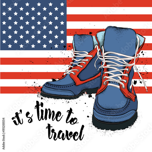 Hipster youth shoes and cap. American landscape with a megacity. Vector illustration