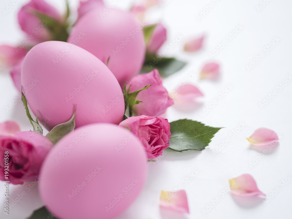 Easter greeting card with Easter eggs and pink roses on white background with copy space.