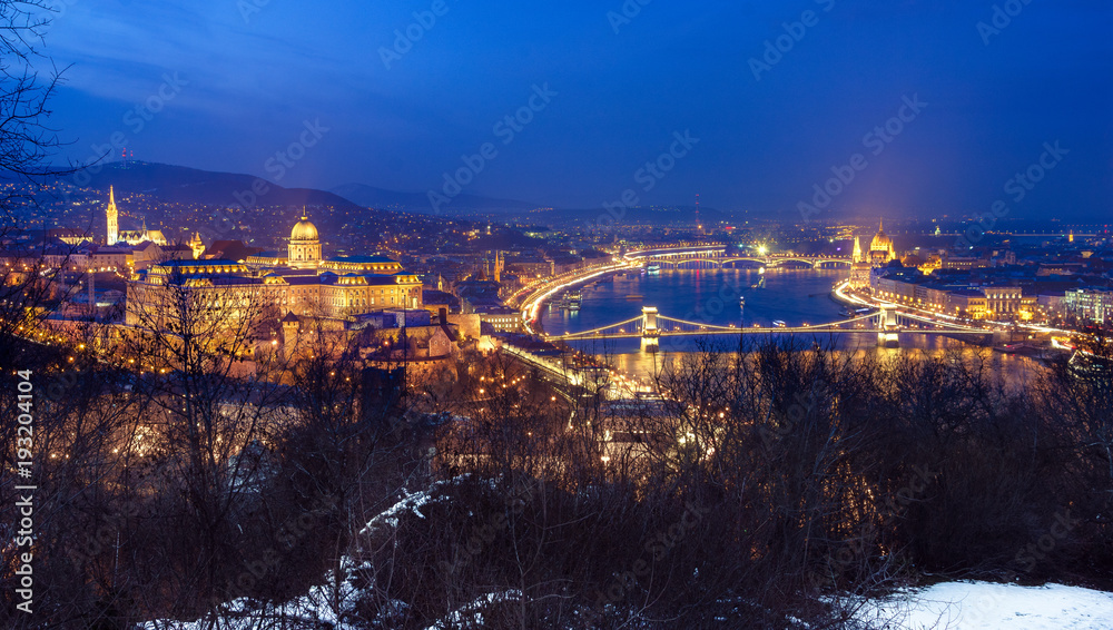 Night view of Budapest with Danube river, the parliament and bridge, Hungary.