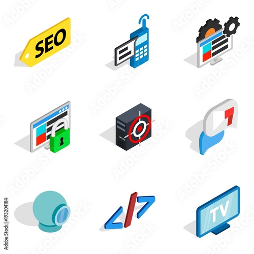 Computer biz icons set, isometric style